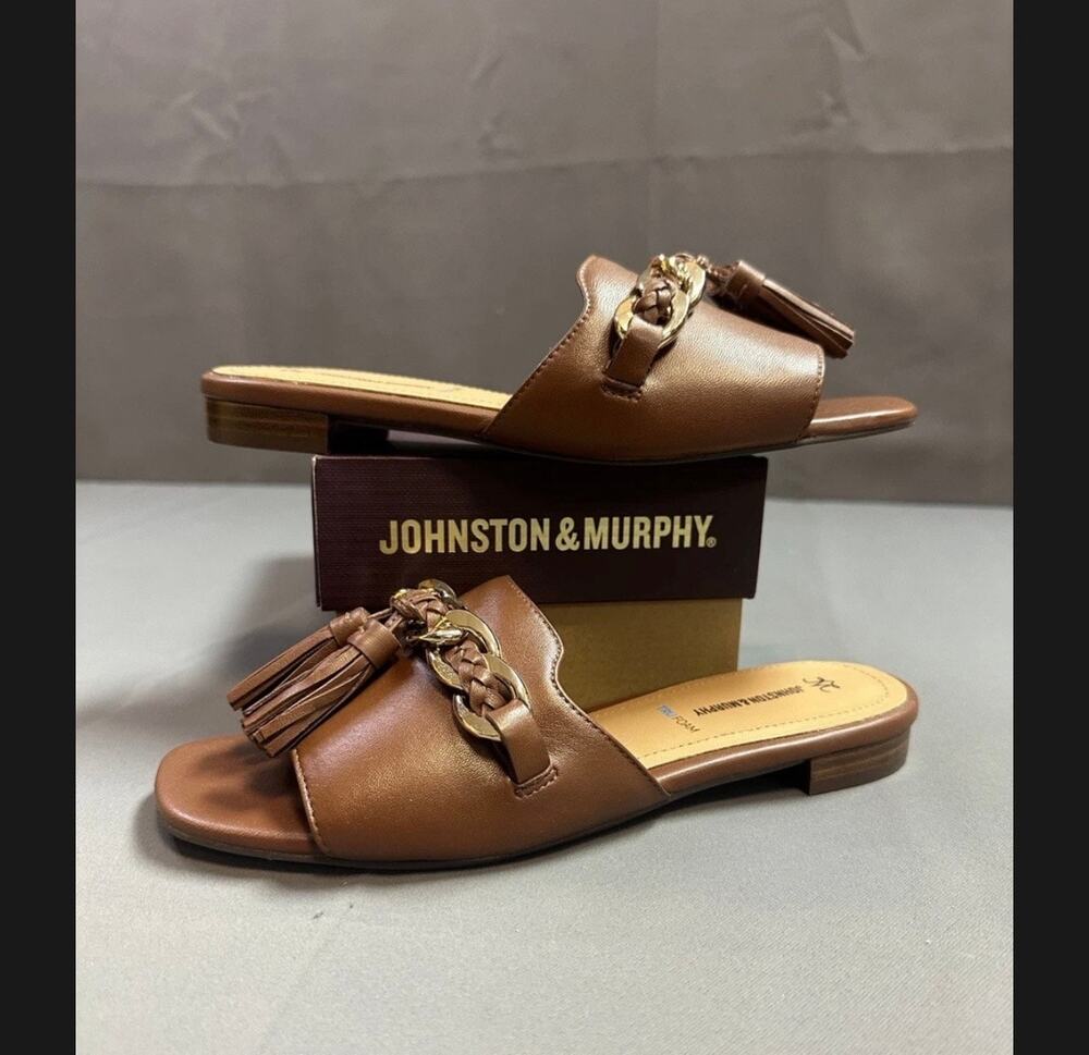 New Johnston & Murphy LILLY Chain Slide Sandals In Cognac Glove - Women’s 9.5
